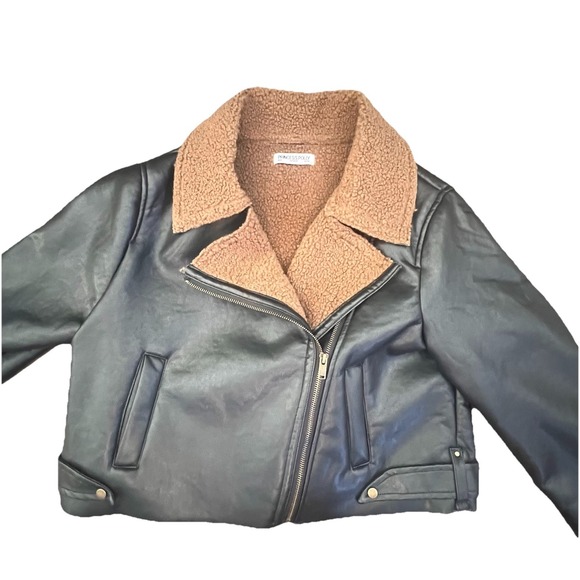 Princess Polly Size 4 Faux Leather Shearling Crop Jacket Black Edgy Moto Sherpa - Picture 6 of 13